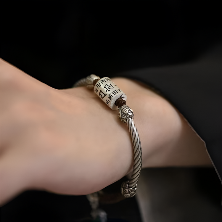 BIUDA Pure 999 Silver Buddhist Mantra Bracelet – Lotus Sutra Engraved Meditation Jewelry