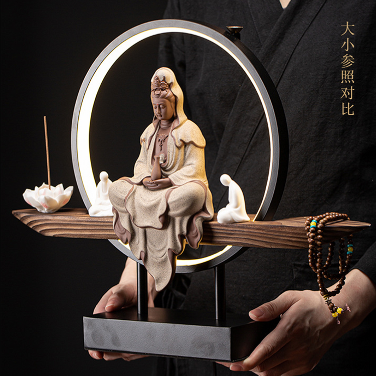 BIUDA 觀音 Wooden Kuan Yin Incense LED Holder – Minimalist Guanyin Buddha Burner for Meditation & Calm Spaces