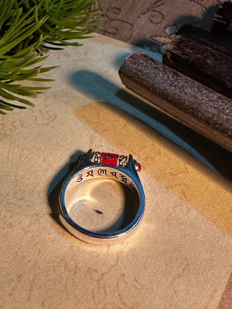 925スターリングシルバー 仏教経文 回転リング|職人手彫り 梵字オーム マニ車リング