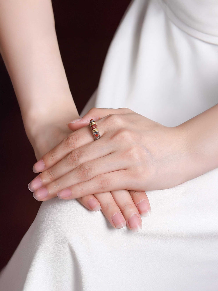 925スターリングシルバー 仏教経文 回転リング|職人手彫り 梵字オーム マニ車リング