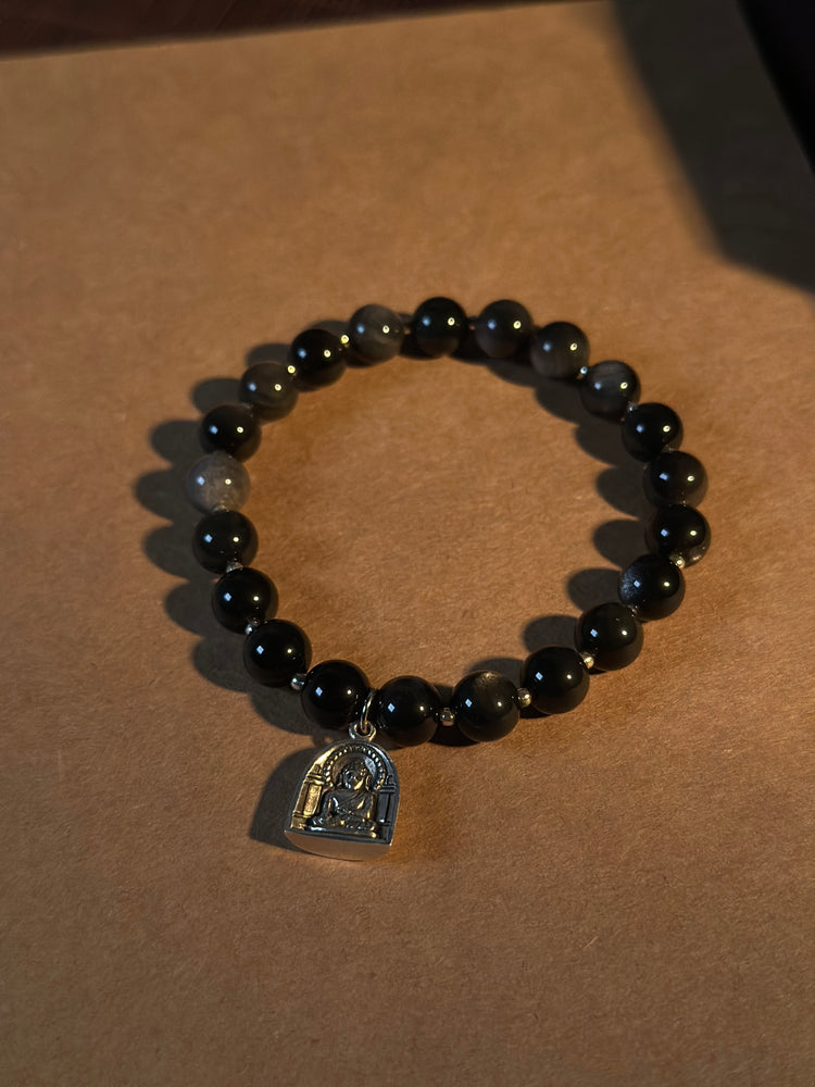 AAA Natural Black Obsidian Buddha Bracelet · 925 Sterling Silver Bulguksa Buddha Pendant · Buddhist Prayer Bead Bracelet