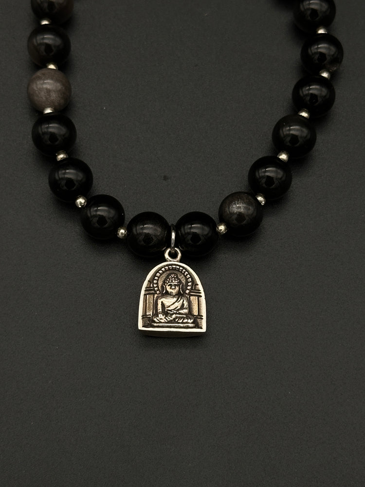 AAA Natural Black Obsidian Buddha Bracelet · 925 Sterling Silver Bulguksa Buddha Pendant · Buddhist Prayer Bead Bracelet
