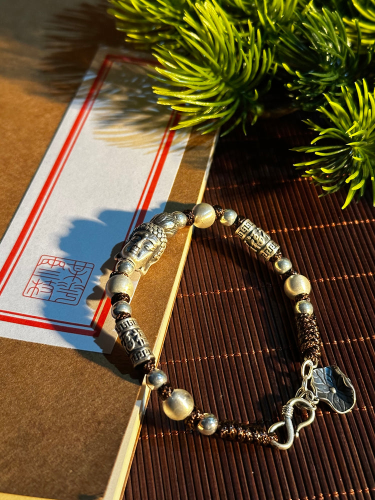 999純銀 仏頭 ビーズブレスレット|職人手彫り 仏像チャーム 数珠ブレスレット