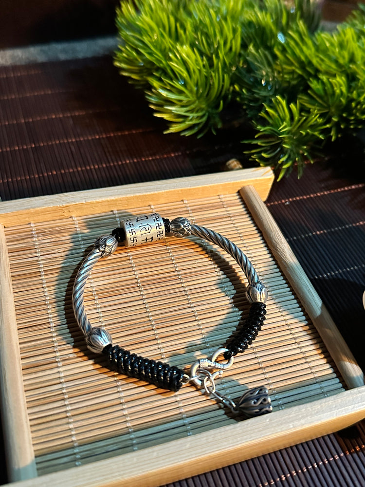 999純銀 蓮花 般若心経バングルブレスレット|職人手彫り 般若心経カフブレスレット