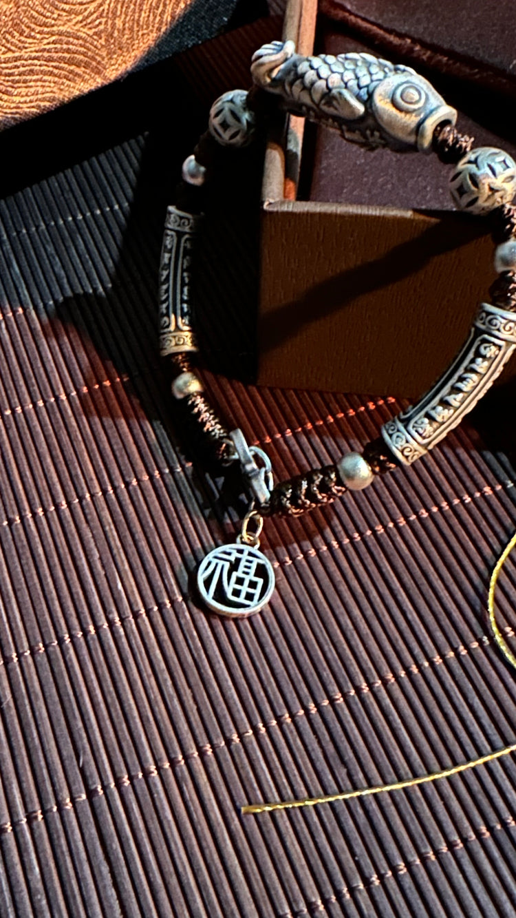 999純銀 鯉 チェーンブレスレット|職人手彫り 登龍門 開運チャームブレスレット