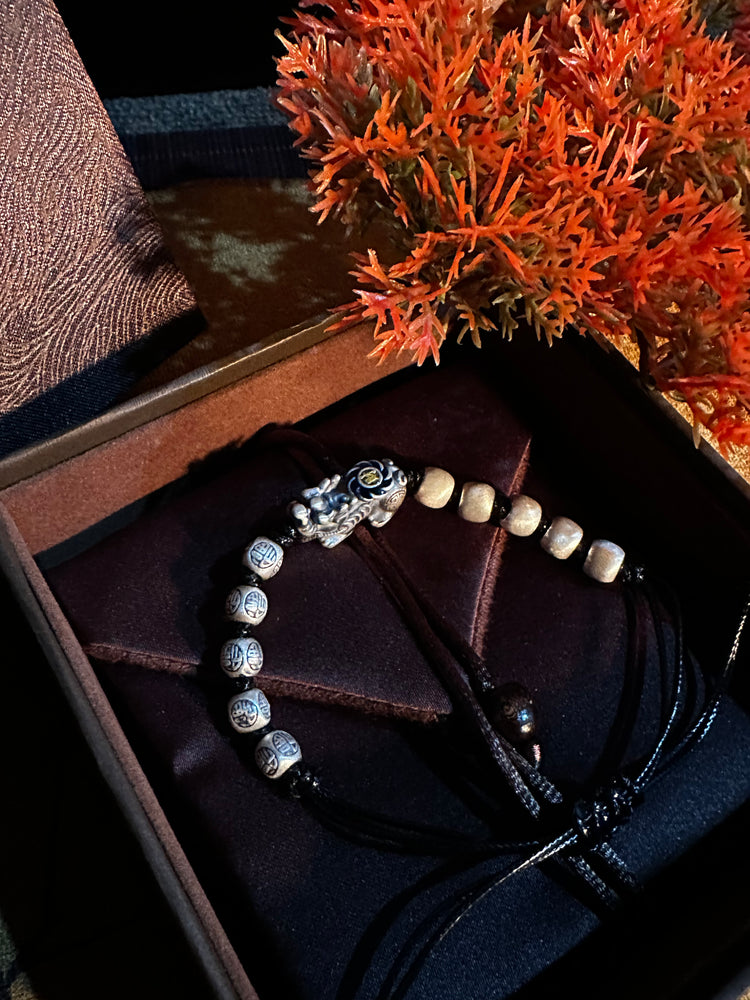 999純銀 貔貅(ヒキュウ)バングルブレスレット|職人手彫り 招財守護カフブレスレット