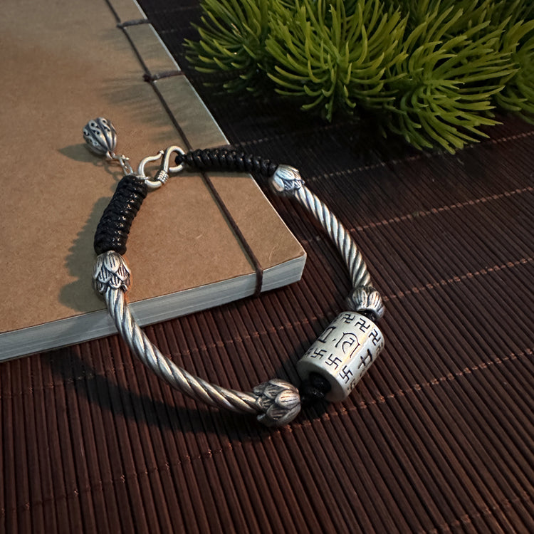 BIUDA Pure 999 Silver Buddhist Mantra Bracelet – Lotus Sutra Engraved Meditation Jewelry