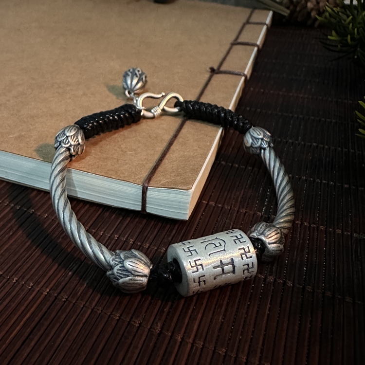 BIUDA Pure 999 Silver Buddhist Mantra Bracelet – Lotus Sutra Engraved Meditation Jewelry