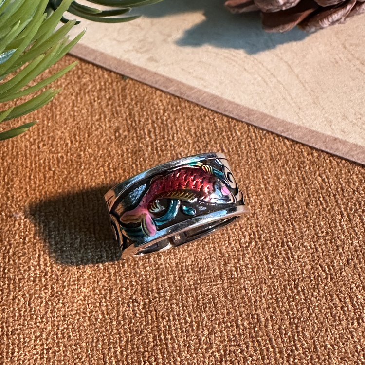 BIUDA 925 Sterling Silver Koi Fish Buddhist Mantra Ring – Engraved Spiritual Jewelry