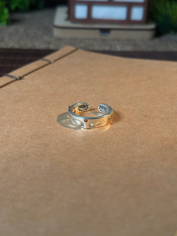 925スターリングシルバー 仏面 経文リング|職人手彫り 仏教マントラ フリーサイズリング