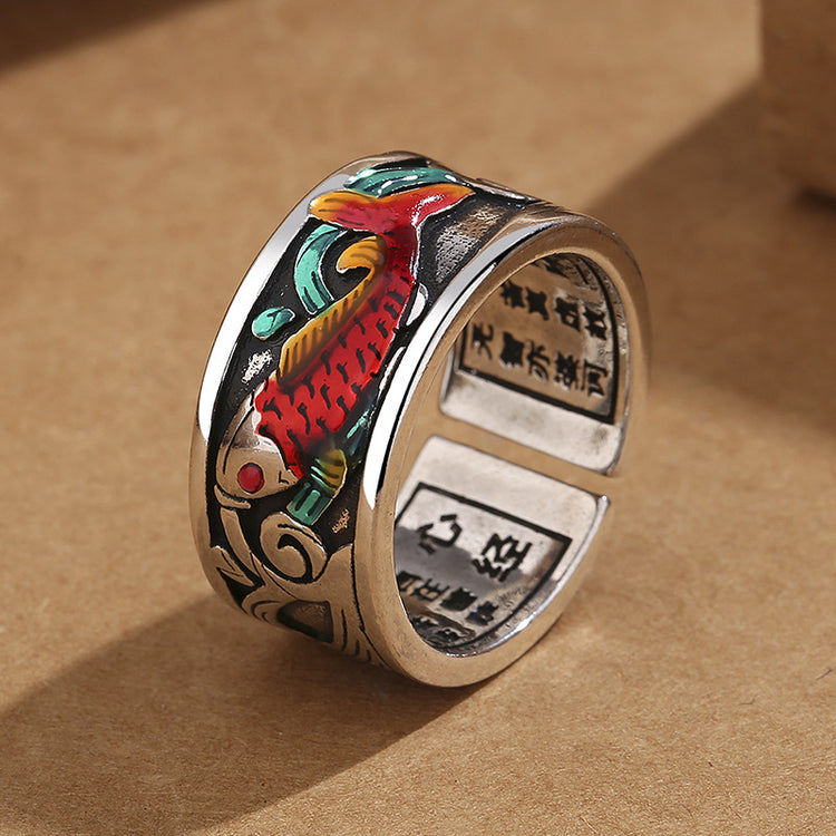 BIUDA 925 Sterling Silver Koi Fish Buddhist Mantra Ring – Engraved Spiritual Jewelry