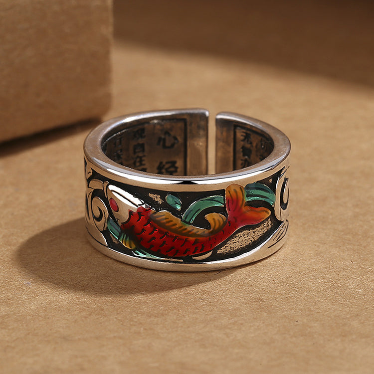BIUDA 925 Sterling Silver Koi Fish Buddhist Mantra Ring – Engraved Spiritual Jewelry