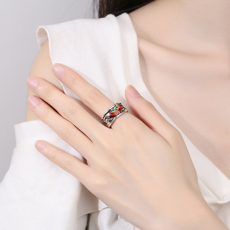 BIUDA 925 Sterling Silver Koi Fish Buddhist Mantra Ring – Engraved Spiritual Jewelry