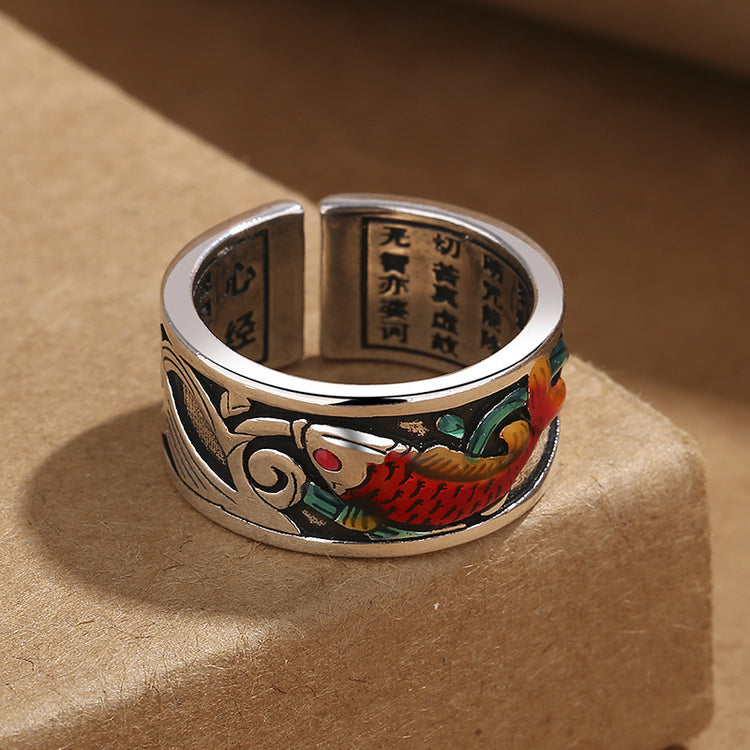 BIUDA 925 Sterling Silver Koi Fish Buddhist Mantra Ring – Engraved Spiritual Jewelry