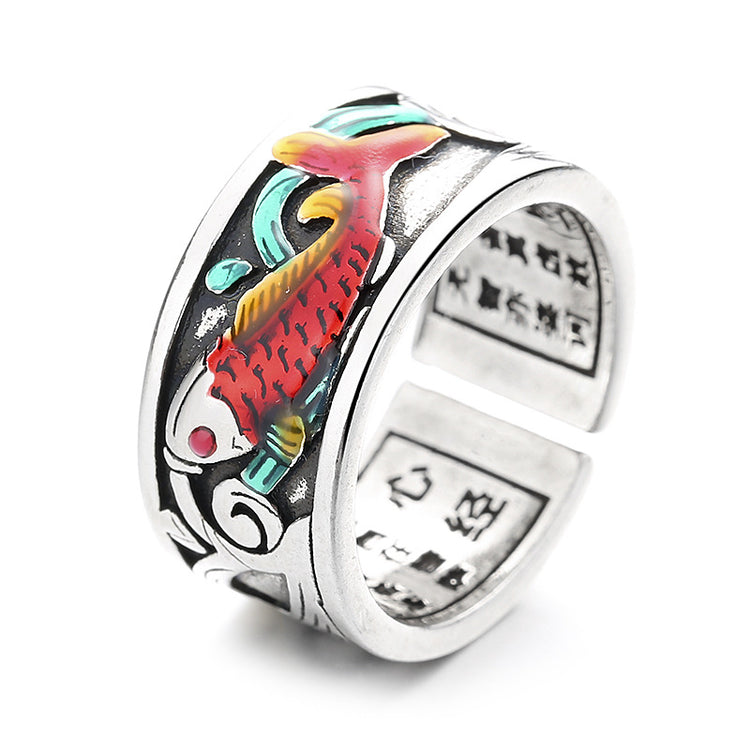 BIUDA 925 Sterling Silver Koi Fish Buddhist Mantra Ring – Engraved Spiritual Jewelry