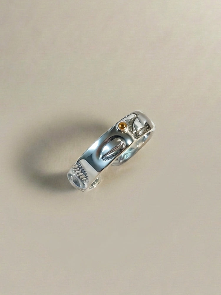 925スターリングシルバー 仏面 経文リング|職人手彫り 仏教マントラ フリーサイズリング