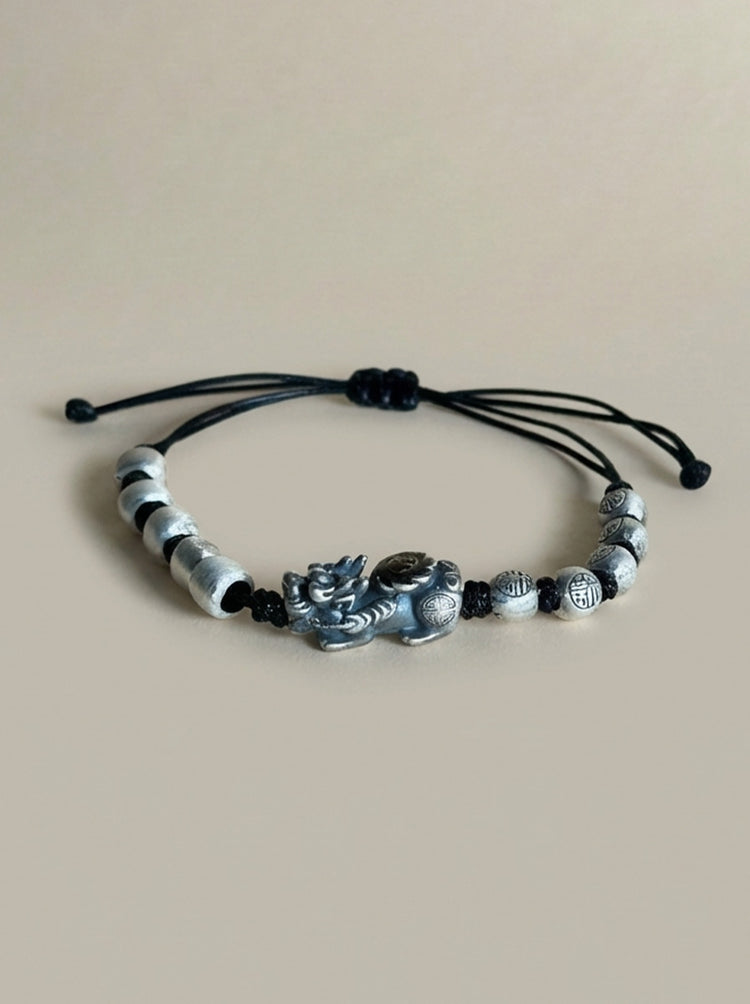 999純銀 貔貅(ヒキュウ)バングルブレスレット|職人手彫り 招財守護カフブレスレット