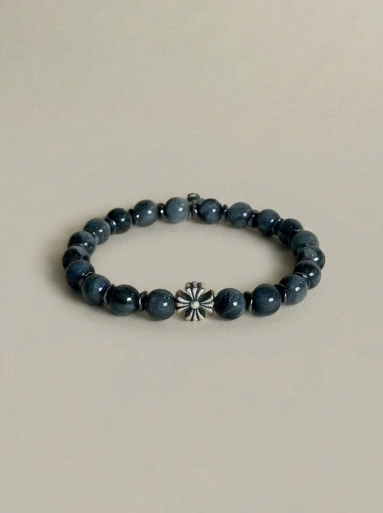 AAA天然イーグルアイ(ホークスアイ)ブレスレット|925スターリングシルバー クロスチャーム・守護ブレスレット