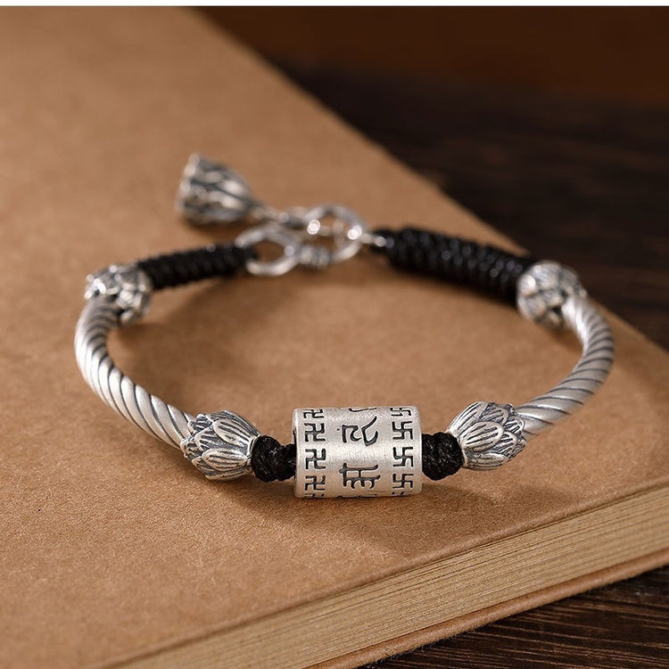 BIUDA Pure 999 Silver Buddhist Mantra Bracelet – Lotus Sutra Engraved Meditation Jewelry