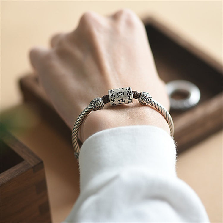 BIUDA Pure 999 Silver Buddhist Mantra Bracelet – Lotus Sutra Engraved Meditation Jewelry