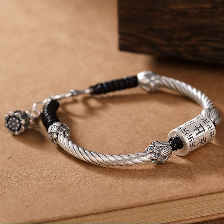 BIUDA Pure 999 Silver Buddhist Mantra Bracelet – Lotus Sutra Engraved Meditation Jewelry