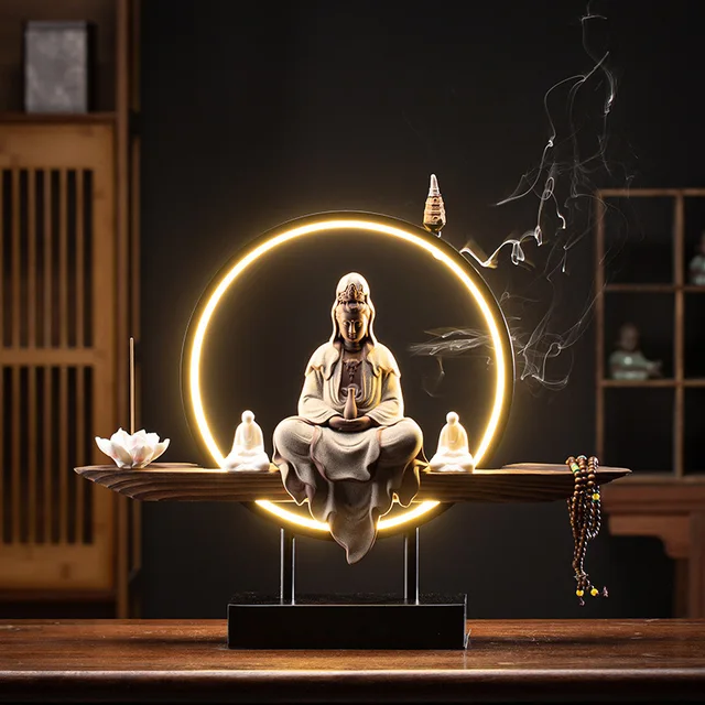 BIUDA 觀音 Wooden Kuan Yin Incense LED Holder – Minimalist Guanyin Buddha Burner for Meditation & Calm Spaces