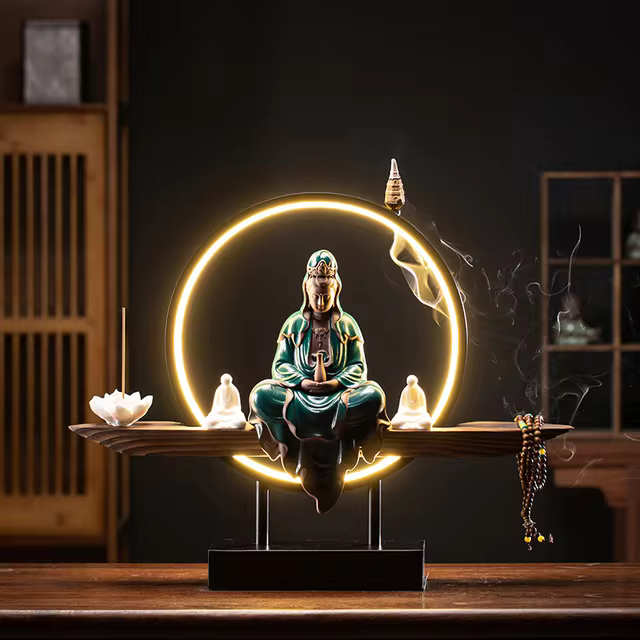BIUDA 觀音 Wooden Kuan Yin Incense LED Holder – Minimalist Guanyin Buddha Burner for Meditation & Calm Spaces BLUE
