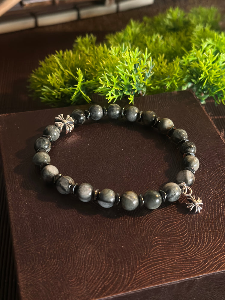 AAA天然イーグルアイ(ホークスアイ)ブレスレット|925スターリングシルバー クロスチャーム・守護ブレスレット