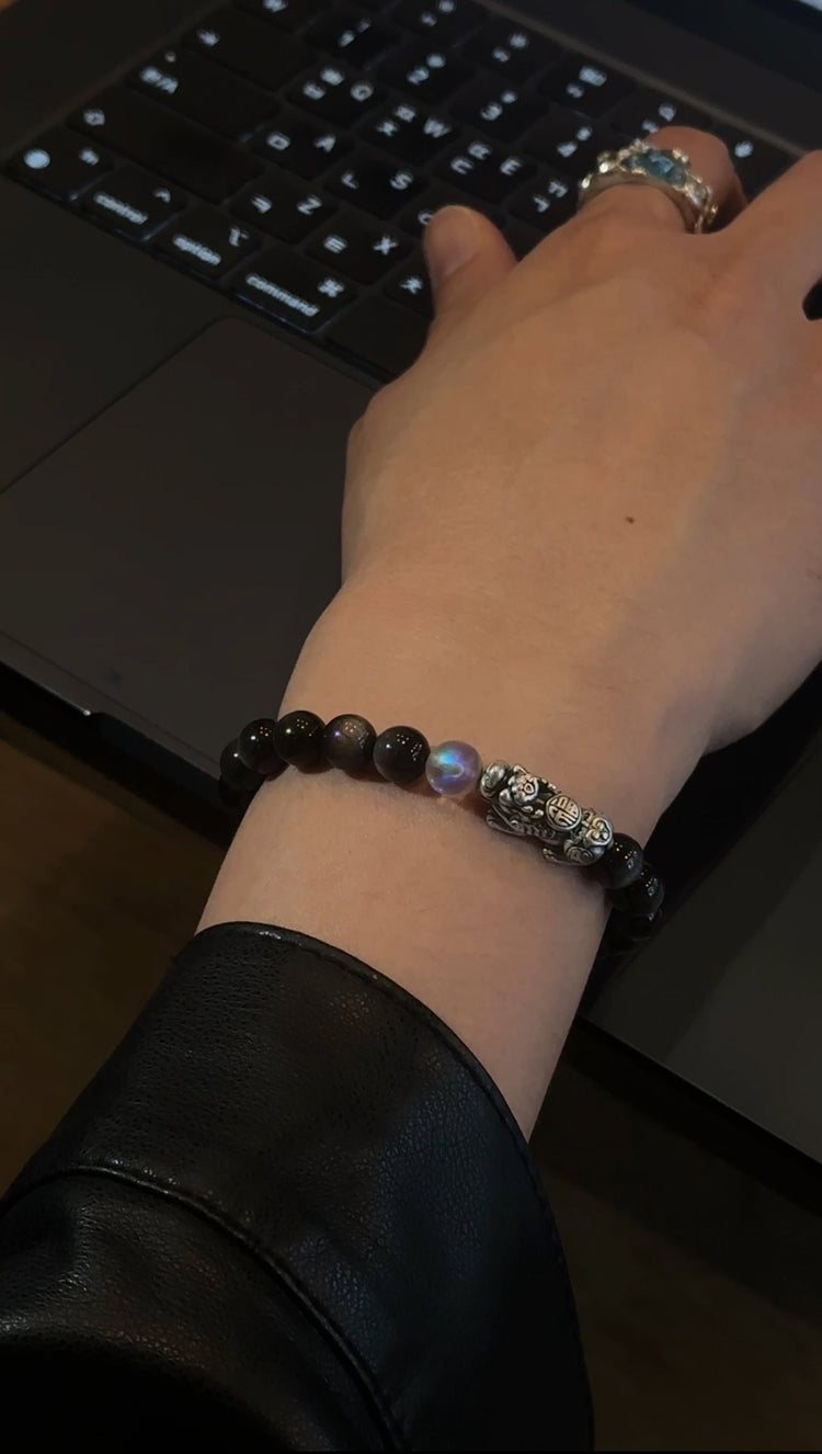 AAA天然黒曜石 貔貅(ヒキュウ)ブレスレット|999純銀・ムーンストーン・風水 招財守護ブレスレット