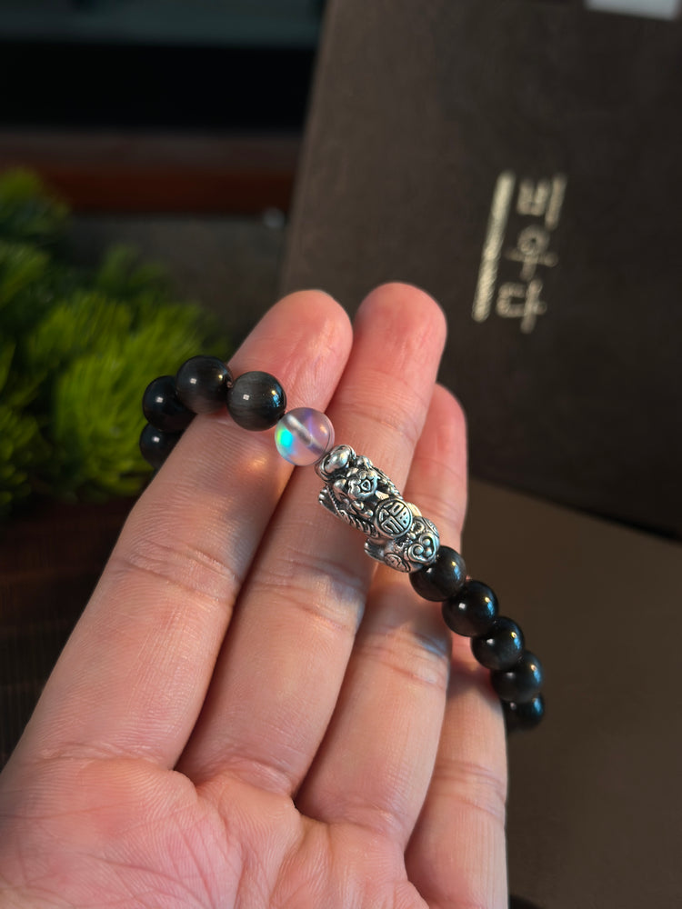 AAA天然黒曜石 貔貅(ヒキュウ)ブレスレット|999純銀・ムーンストーン・風水 招財守護ブレスレット
