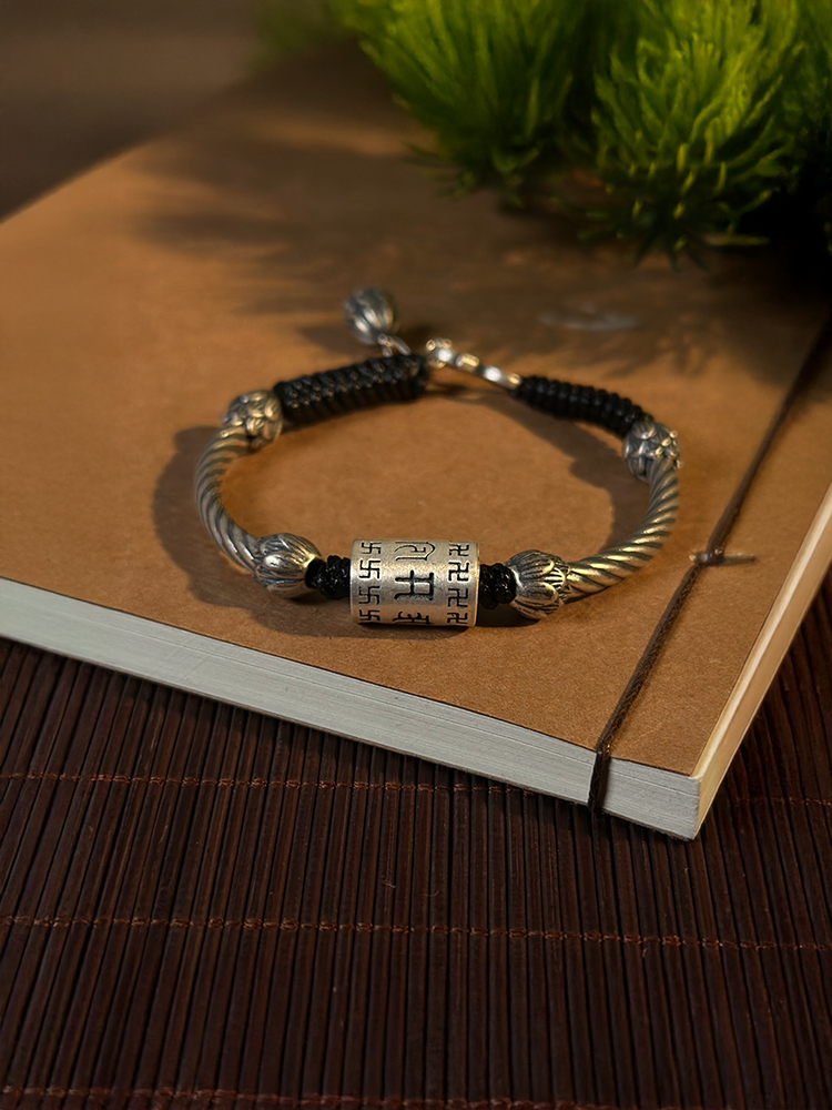 999純銀 蓮花 般若心経バングルブレスレット｜職人手彫り 般若心経カフブレスレット