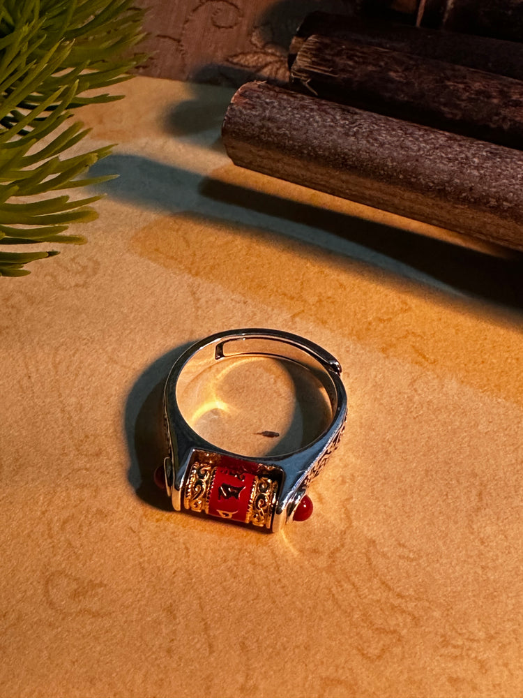 925スターリングシルバー 仏教経文 回転リング｜職人手彫り 梵字オーム マニ車リング