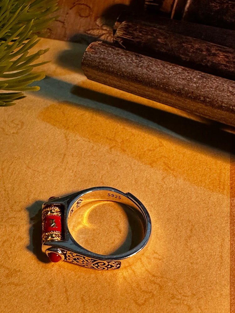 925スターリングシルバー 仏教経文 回転リング｜職人手彫り 梵字オーム マニ車リング