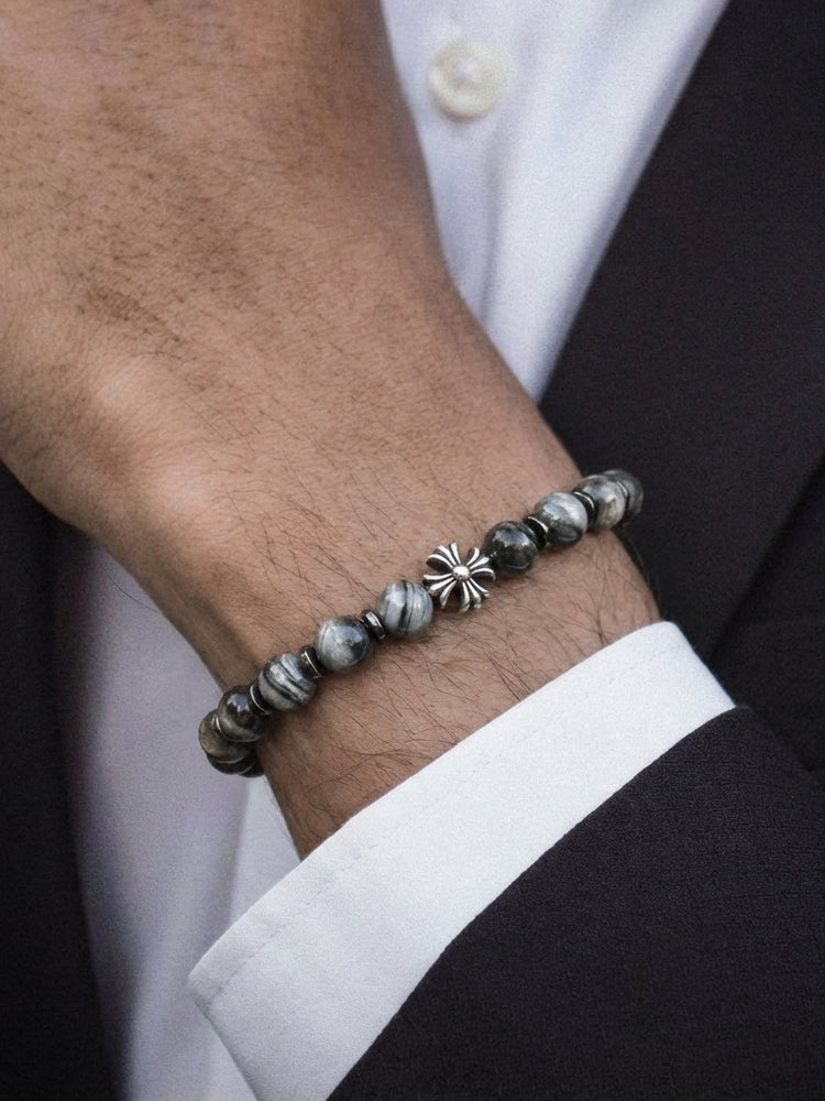 AAA天然イーグルアイ（ホークスアイ）ブレスレット｜925スターリングシルバー クロスチャーム・守護ブレスレット