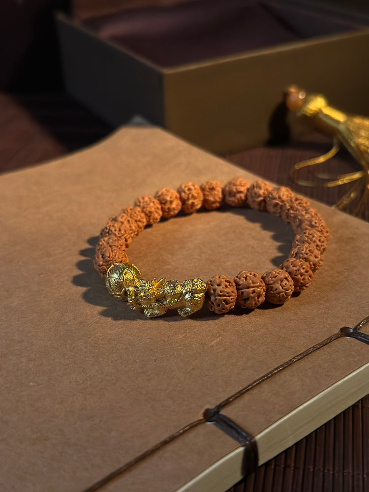 Bodhi Seed Pixiu Bracelet · Gold Plated Charm · Buddhist Prayer Bead Mala · Handcrafted Protection Bracelet