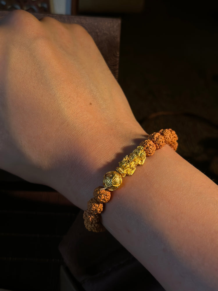 Bodhi Seed Pixiu Bracelet · Gold Plated Charm · Buddhist Prayer Bead Mala · Handcrafted Protection Bracelet