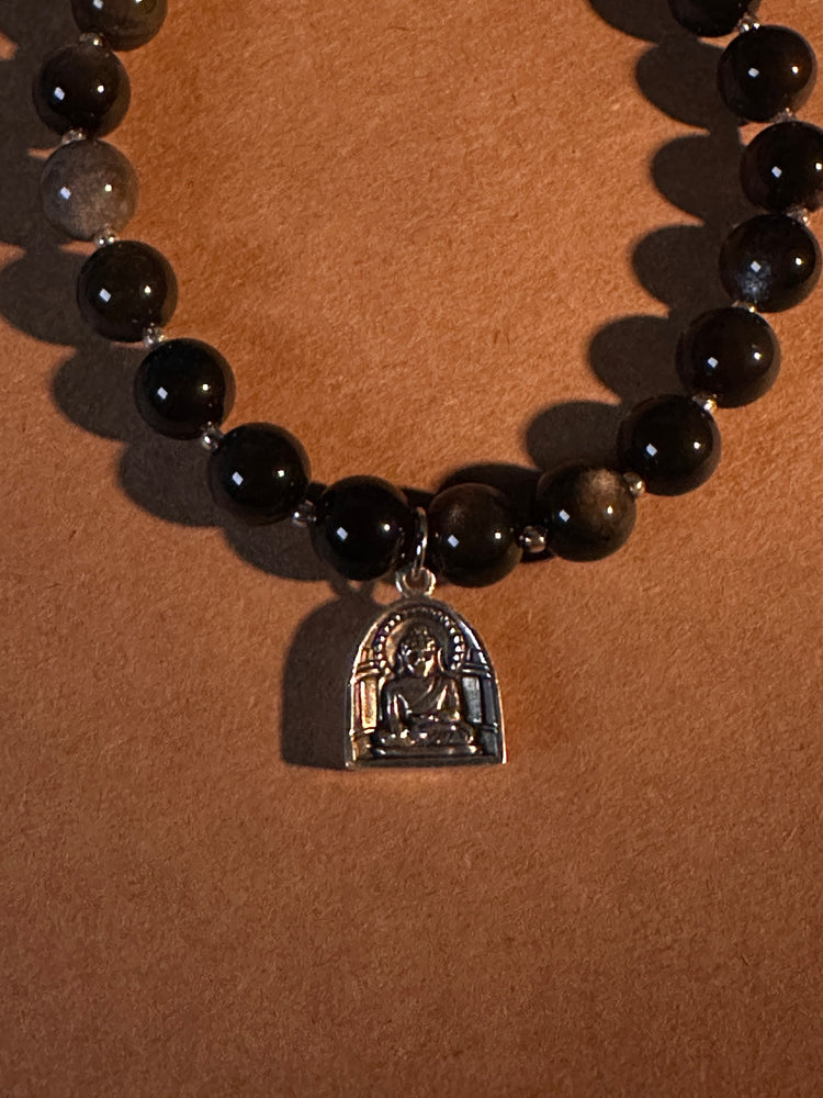 AAA Natural Black Obsidian Buddha Bracelet · 925 Sterling Silver Bulguksa Buddha Pendant · Buddhist Prayer Bead Bracelet