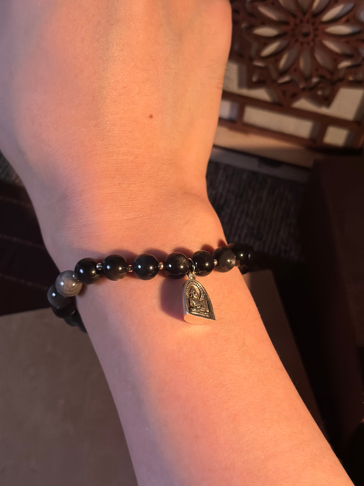 AAA Natural Black Obsidian Buddha Bracelet · 925 Sterling Silver Bulguksa Buddha Pendant · Buddhist Prayer Bead Bracelet