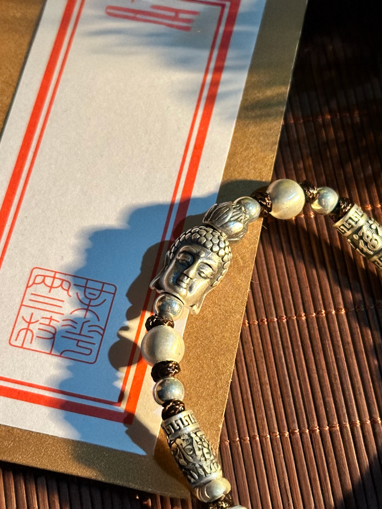 999純銀 仏頭 ビーズブレスレット｜職人手彫り 仏像チャーム 数珠ブレスレット