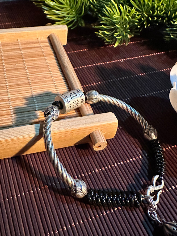 999純銀 蓮花 般若心経バングルブレスレット｜職人手彫り 般若心経カフブレスレット