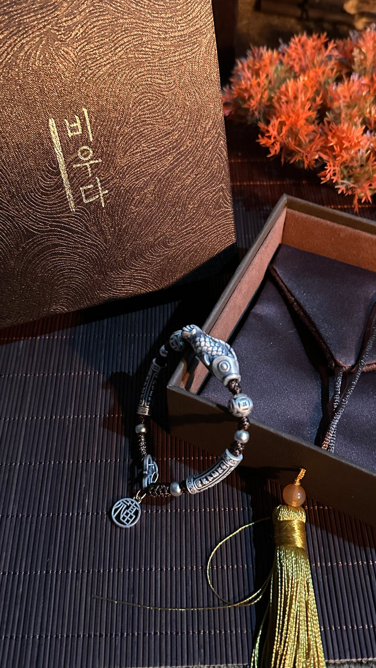 999純銀 鯉 チェーンブレスレット｜職人手彫り 登龍門 開運チャームブレスレット