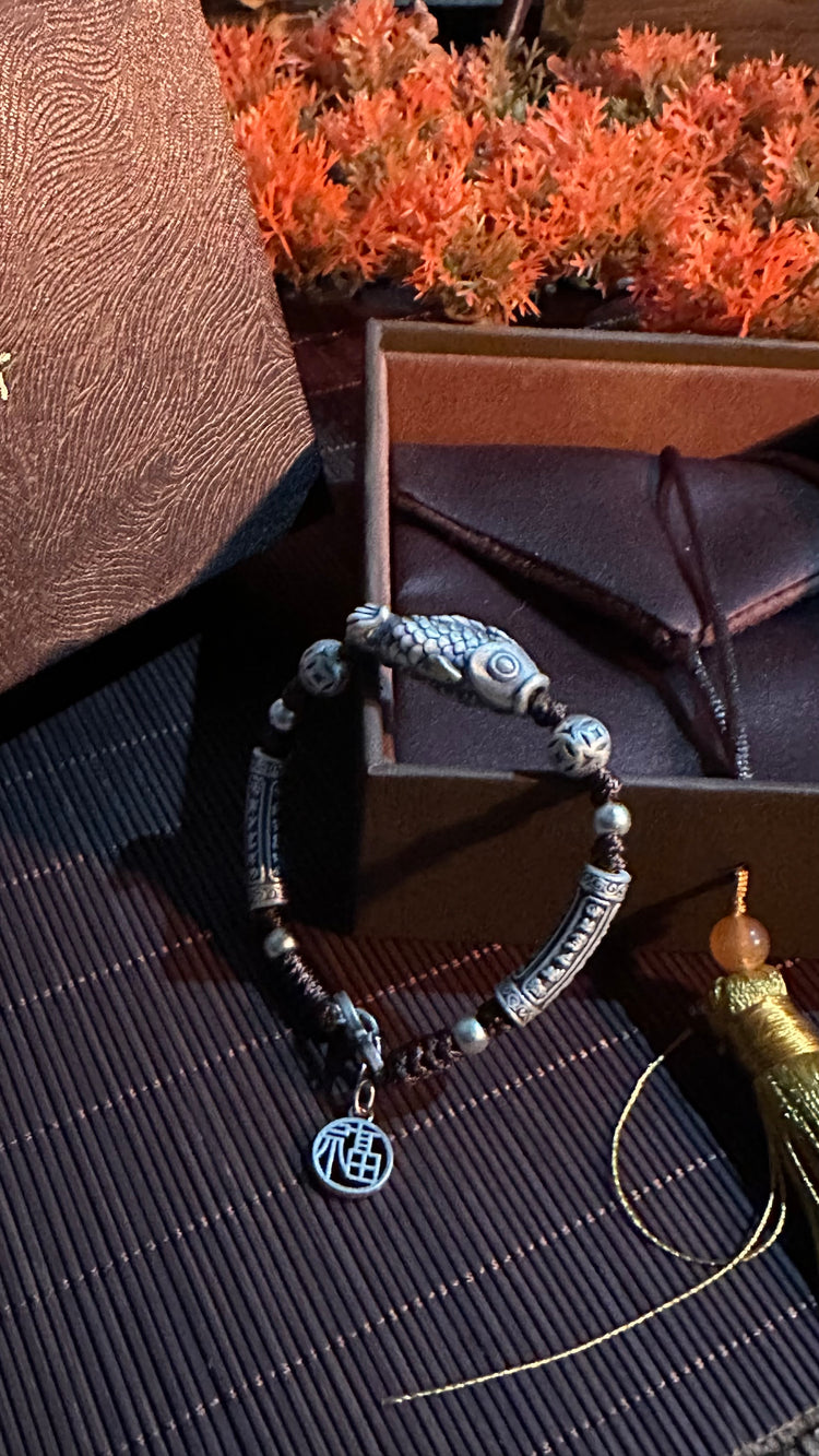 999純銀 鯉 チェーンブレスレット｜職人手彫り 登龍門 開運チャームブレスレット