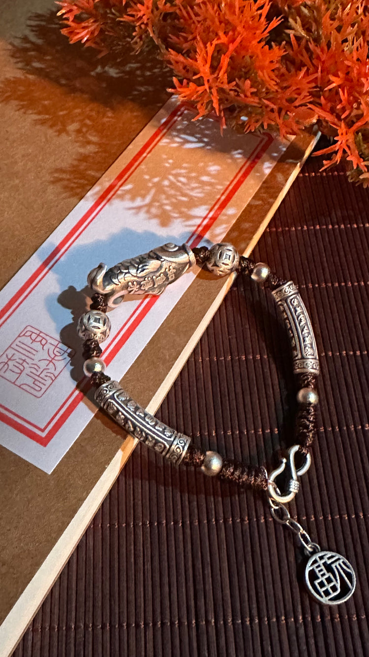 999純銀 鯉 チェーンブレスレット｜職人手彫り 登龍門 開運チャームブレスレット
