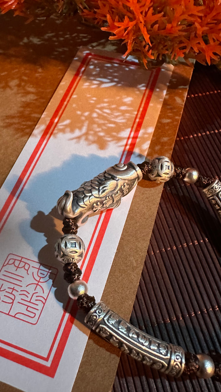 999純銀 鯉 チェーンブレスレット｜職人手彫り 登龍門 開運チャームブレスレット