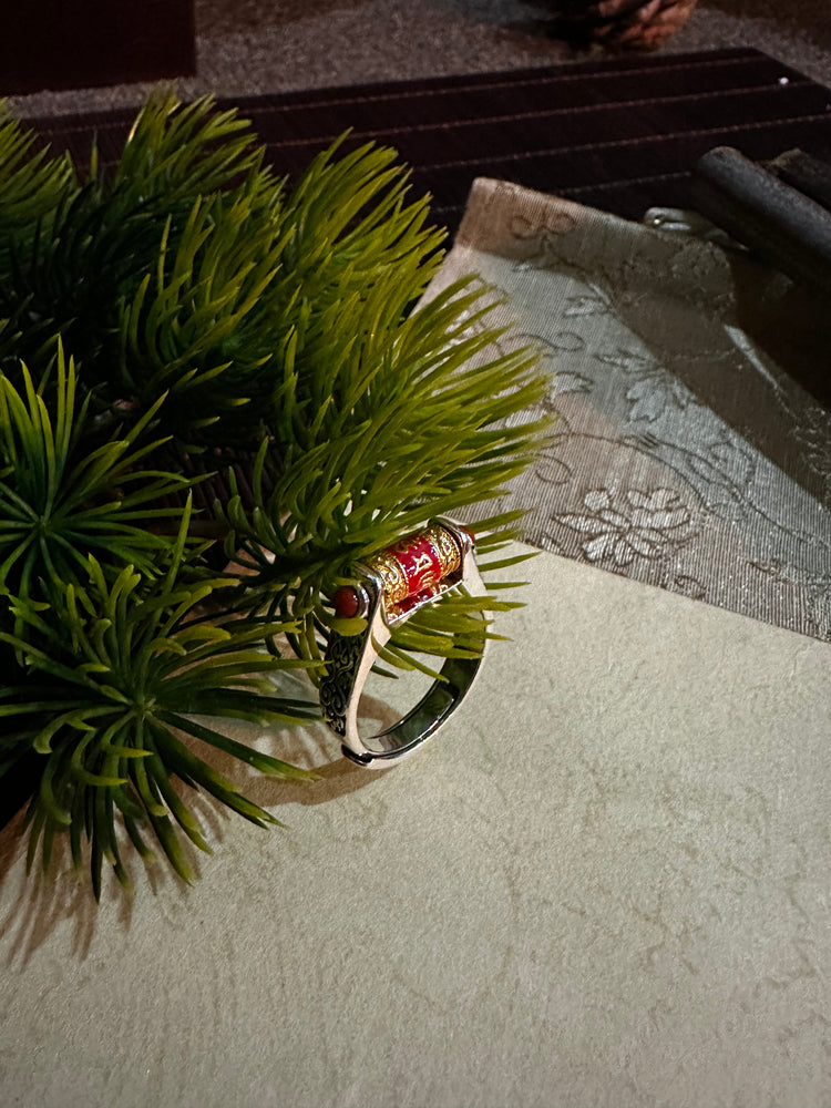 925スターリングシルバー 仏教経文 回転リング｜職人手彫り 梵字オーム マニ車リング