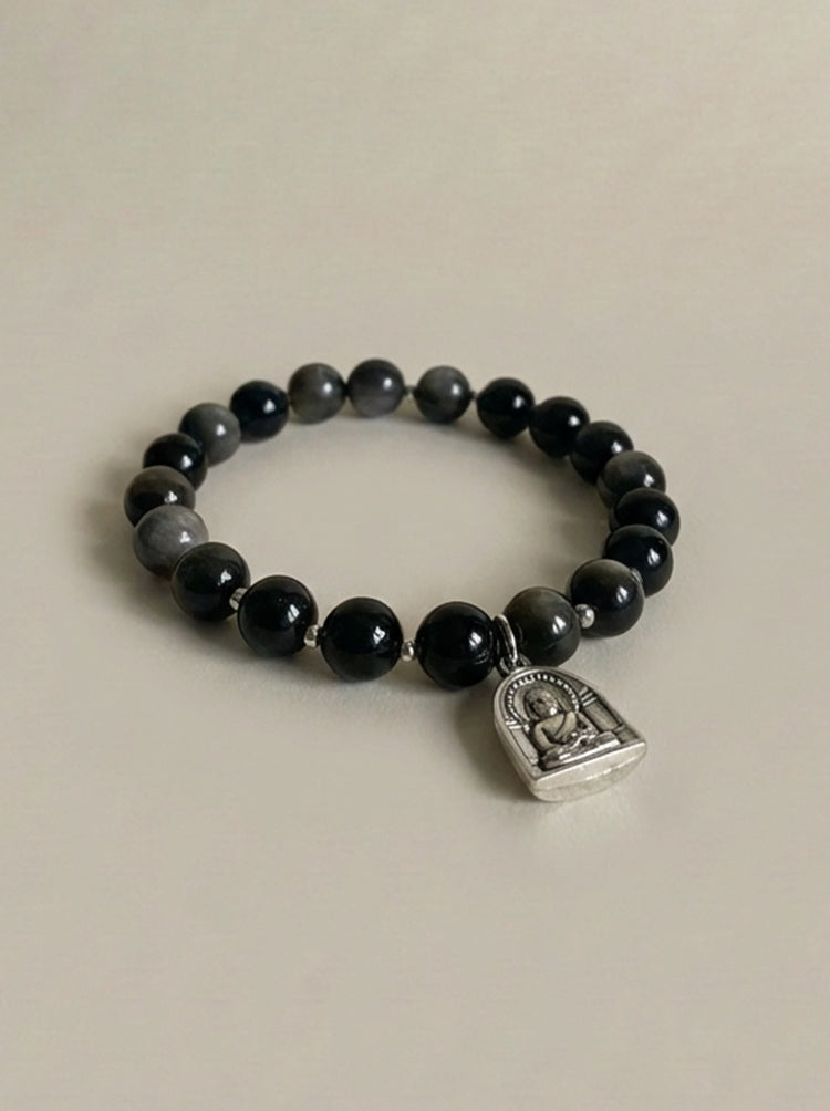 AAA Natural Black Obsidian Buddha Bracelet · 925 Sterling Silver Bulguksa Buddha Pendant · Buddhist Prayer Bead Bracelet