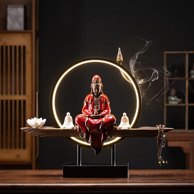 BIUDA 觀音 Wooden Kuan Yin Incense LED Holder – Minimalist Guanyin Buddha Burner for Meditation & Calm Spaces RED