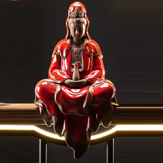 BIUDA 觀音 Wooden Kuan Yin Incense LED Holder – Minimalist Guanyin Buddha Burner for Meditation & Calm Spaces RED