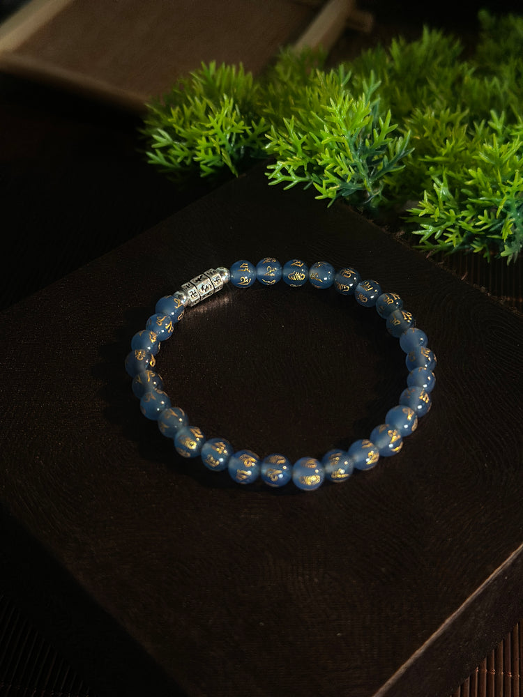 天然翡翠 六字真言ブレスレット｜999純銀・オン マニ ペメ フム・六字大明呪 数珠ブレスレット