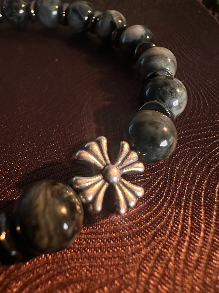 AAA天然イーグルアイ（ホークスアイ）ブレスレット｜925スターリングシルバー クロスチャーム・守護ブレスレット